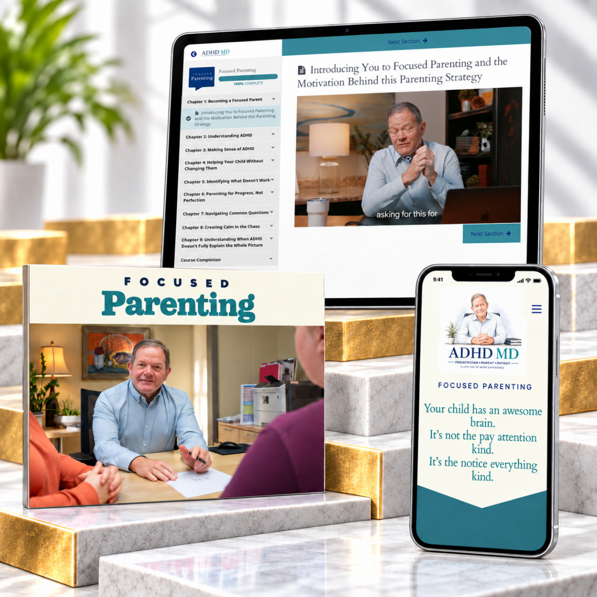 Focused Parenting course website design helping parents explore Dr. James Wiley’s ADHD education program and enroll online